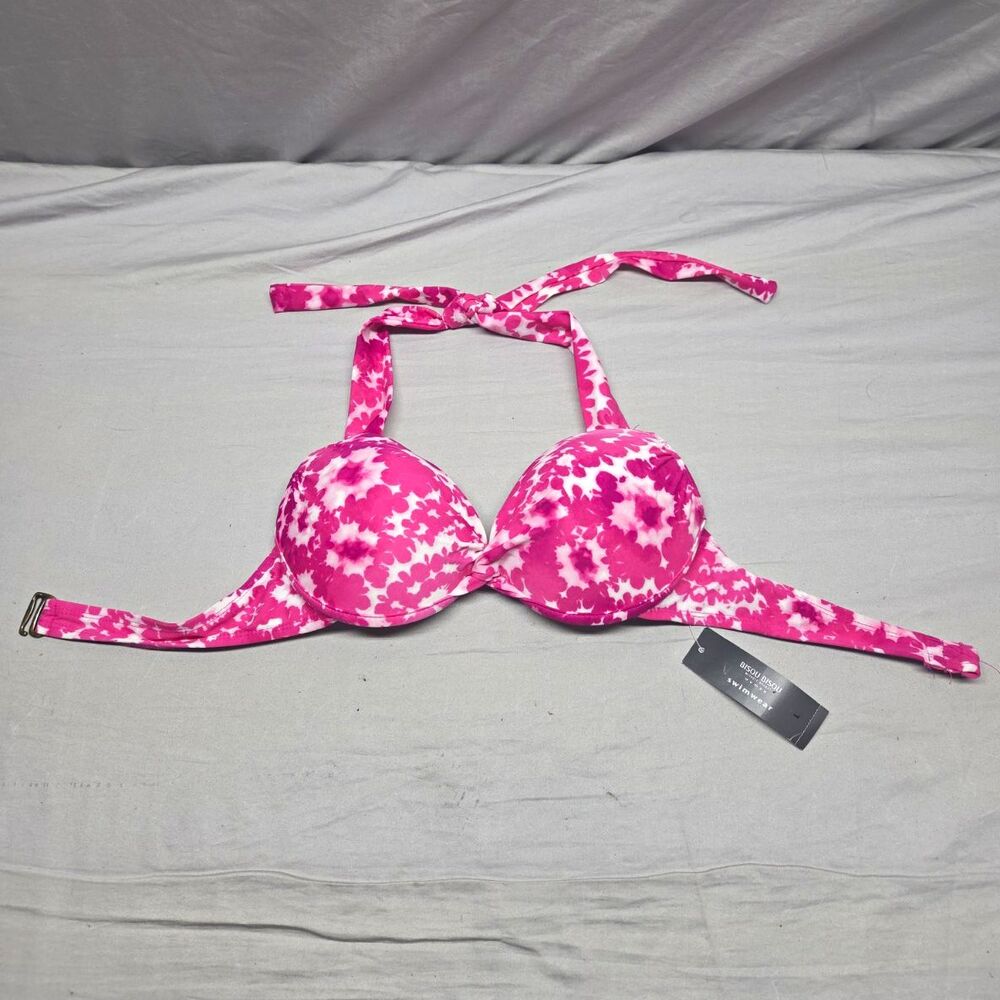 Bisou Bisou Pink/White Floral Halter Padded Lined Bikini Top 34D Sz L